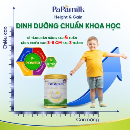 Sản phẩm dinh dưỡng công thức với mục đích ăn bổ sung Papamilk Height & Gain chứa tổ yến dành cho trẻ từ 1-19 tuổi ( Lon 830gr)